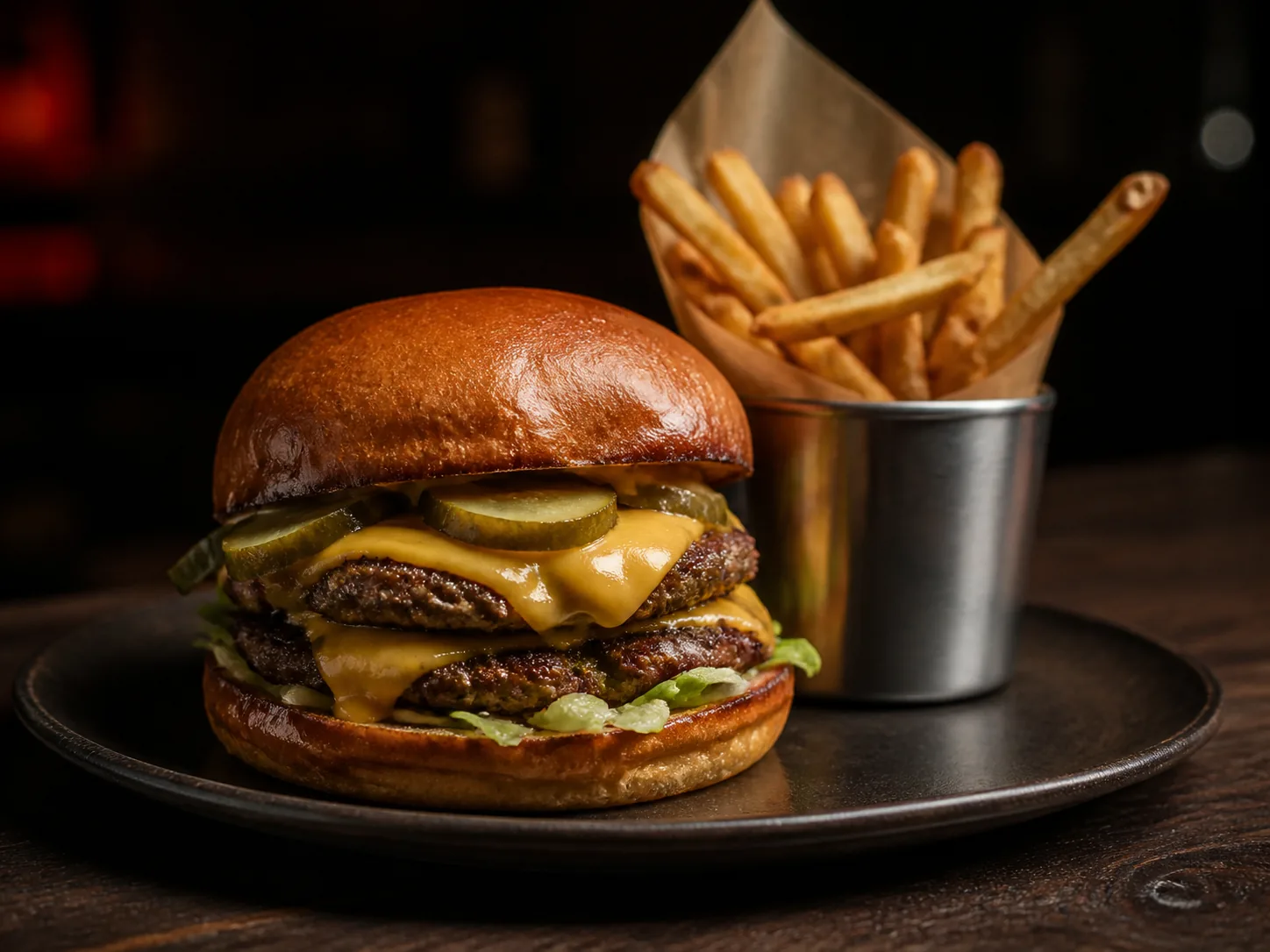 A double-stack burger with pickles and a small cup of fries on a dark table.