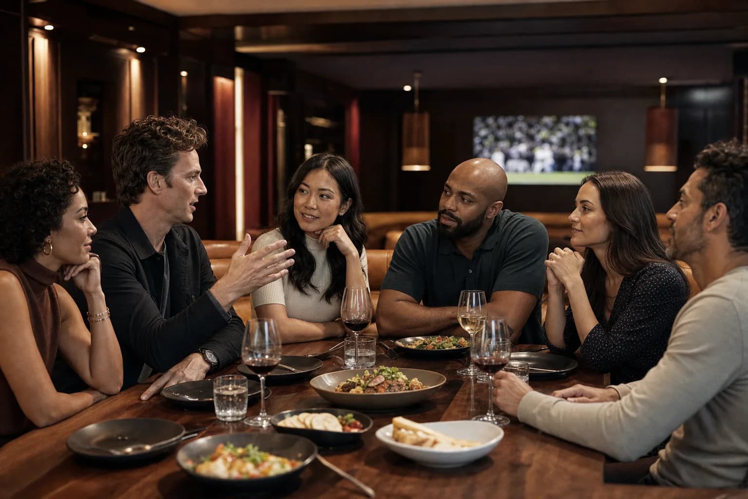 Six adults talk around a shared table during an informal private gathering.