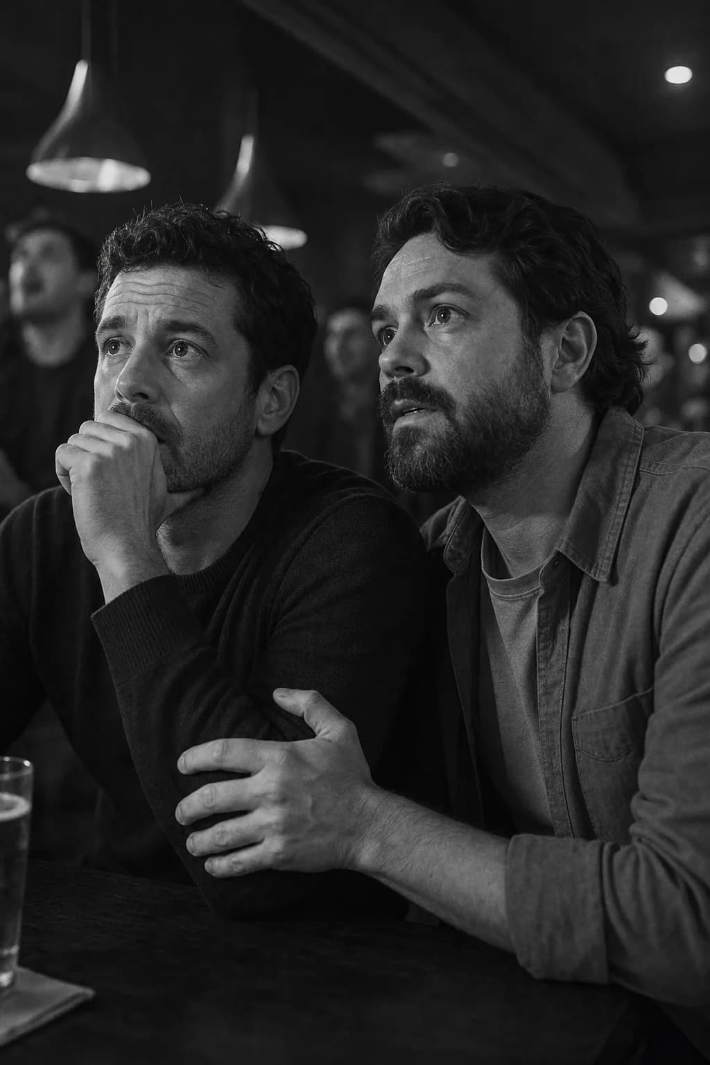Two friends watch an off-camera game with quiet concentration.